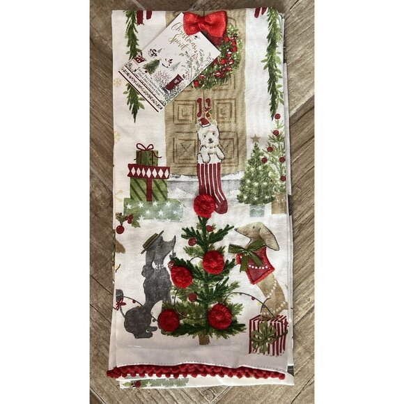 CHRISTMAS PUPPY DOG Kitchen Towel Set of 2 Embroidered BEADED Detailed 20" x 28 - Picture 6 of 12
